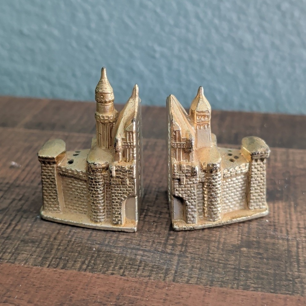 Vintage Gold Tone Disneyland Castle Salt and Pepper Shakers Made In Japan